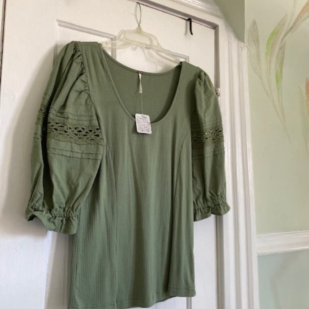 Free People Ribbed Puff Sleeve Top Moss